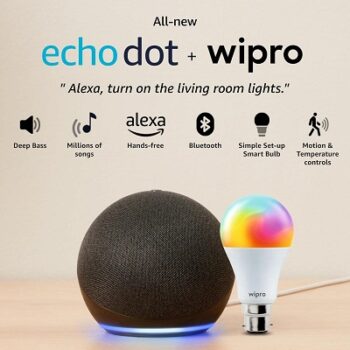 Amazon Echo Dot (5th Gen, Black) Combo with Wipro Simple Setup 9W LED Smart Color Bulb