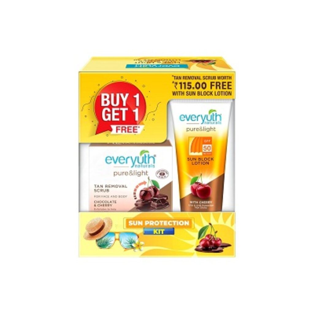 Everyuth Naturals Pure & Light SPF 50 Sun Block Lotion with De Tan Scrub 50g Free Combo