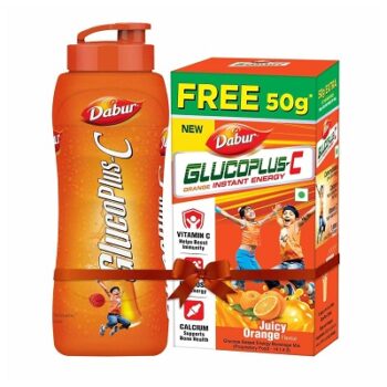 Dabur GlucoPlus-C Instant Energy Glucose Juicy & Tasty Orange Flavour - 500g (with Sipper Free)