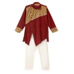 Hopscotch Boys Cotton Blend Solid Kurta And Pajama Set In Multi Colour