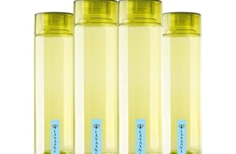 LASAANI Round Unbreakable Plastic 1000 ml Fridge Water Bottle Set of 4, Olive Green