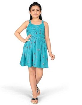 Fashion Dream Girl’s Rayon Above Knee Length Fit and Flared Dresses (TealBlue_7-8 Yrs)