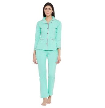 Clovia Women's Cotton Button Down Shirt & Pyjama Set
