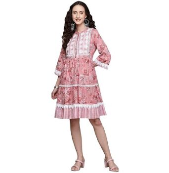 ishin Women's Knee Length Cotton Embroidered Floral Mauve A-Line Indo Western Dress