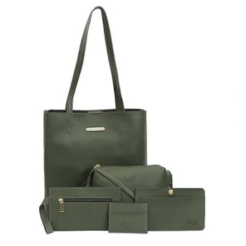 Bagsy Malone Women's Vegan Leather Stylish Tote Bag Pack of 5 | Ladies Purse Handbag (Green)