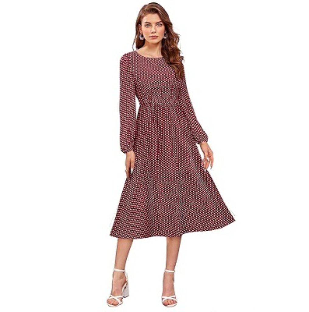 KERI PERRY Women's Maroon Muslin Polka Dot Fit & Flared Western Dress | Dress for Women | A line Dress | Winter Dress | Western Dress | Latest Women Dress | Trendy Dress | Midi Dress