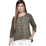 ishin Women's Olive Embroidered High-Low Top
