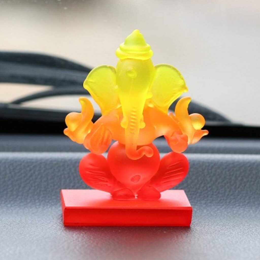 eCraftIndia Yellow and Orange Double Sided Crystal Car Ganesha Showpiece