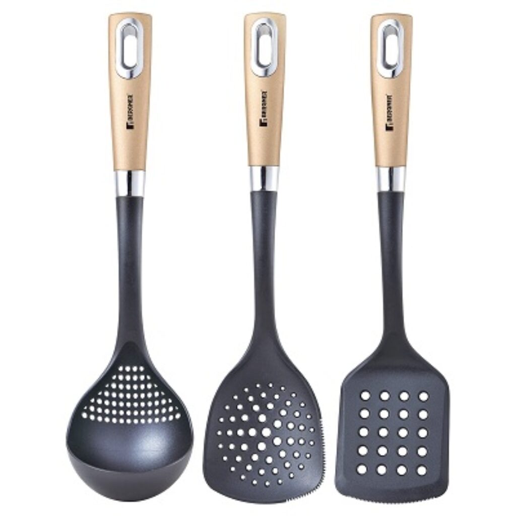 Bergner Centro 3Pc Nylon Kitchen Tool Set, Slotted Turner, Ladle, Skimmer, Black