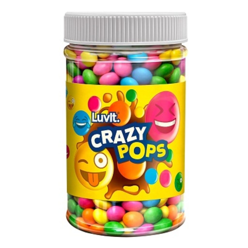 LuvIt Crazy Pops | Button Shaped Treats | Loved by Kids | Coloured Chocolaty Pops | Pack of 1-350g Jar