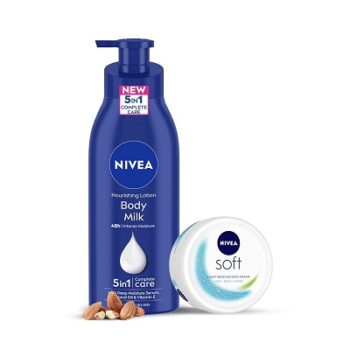 NIVEA Ultimate Best Seller Combo- Body Milk 400ml 5 in 1 Complete Care Nourishing Body Lotion & Soft 200ml Moisturizing Cream with Vitamin E, Jojoba Oil