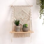 Decazone Macrame Indoor Wall Hanging Shelf Chic Decor Wood Floating Boho Shelves with Wooden Dowel Hand Woven